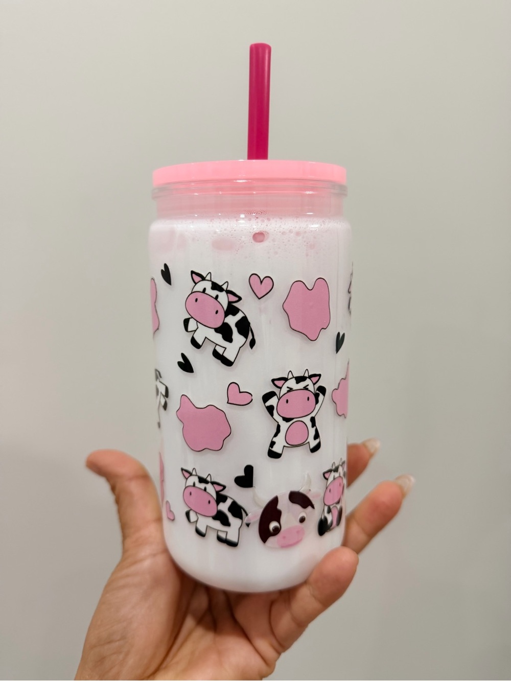 Pink Cow Print Reusable Tumbler with Straw - Cute Party Drinkware